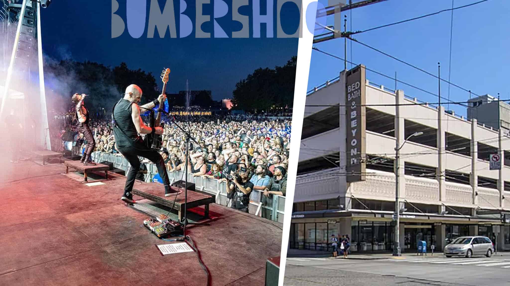 Bunbershoot_16x9 Left: a guitarist performs energetically on stage at the Bumbershoot music festival with a large audience. Right: exterior view of a multi-level parking garage in an urban setting.