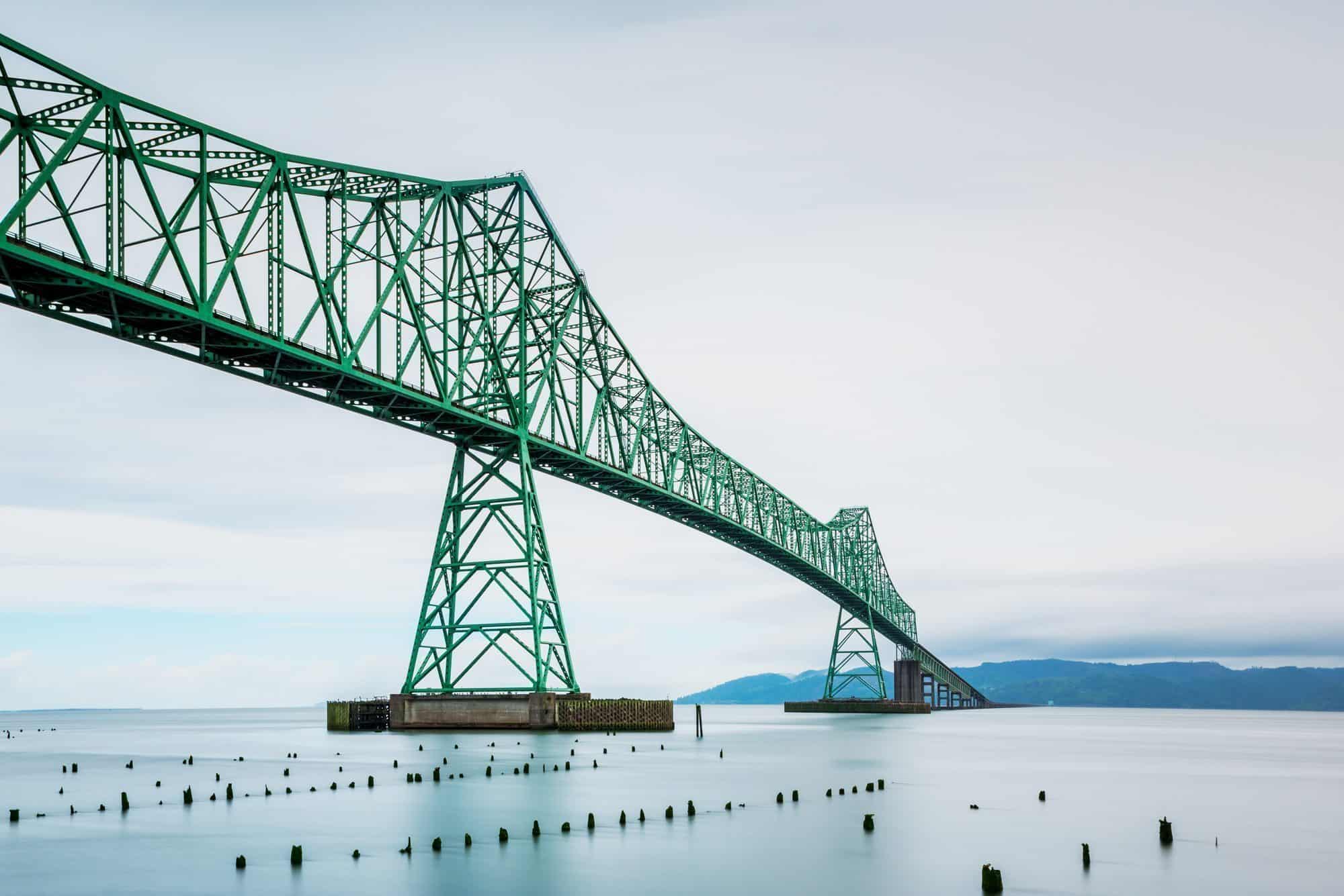 Long Exposure of the Astoria-Megler Bridge in Astoria Oregon USA Long Exposure of the Astoria-Megler Bridge, Columbia River and Pacific Ocean in Astoria, Oregon, USA. Across the river begins the state of Washington.